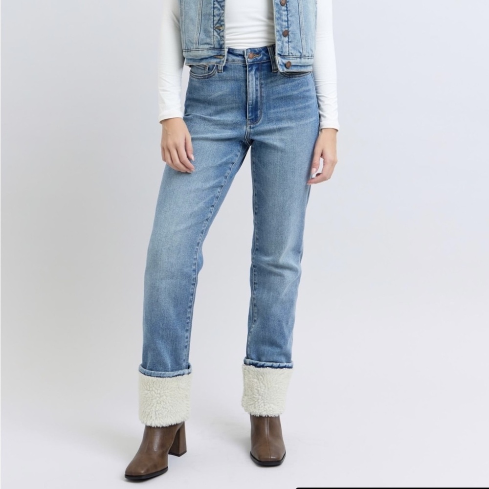 Judy Blue High Waist Shearling Cuff Straight Jeans
